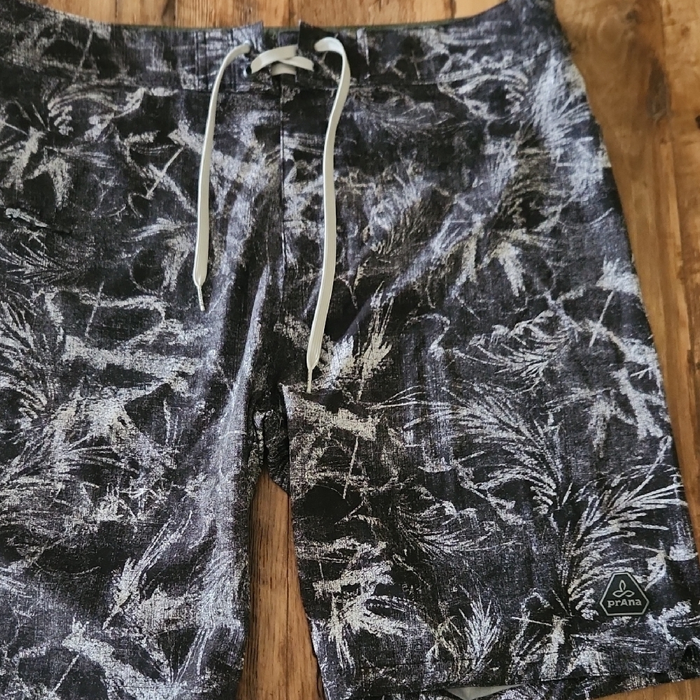 Prana Black and White Board Shorts with Artistic Pattern